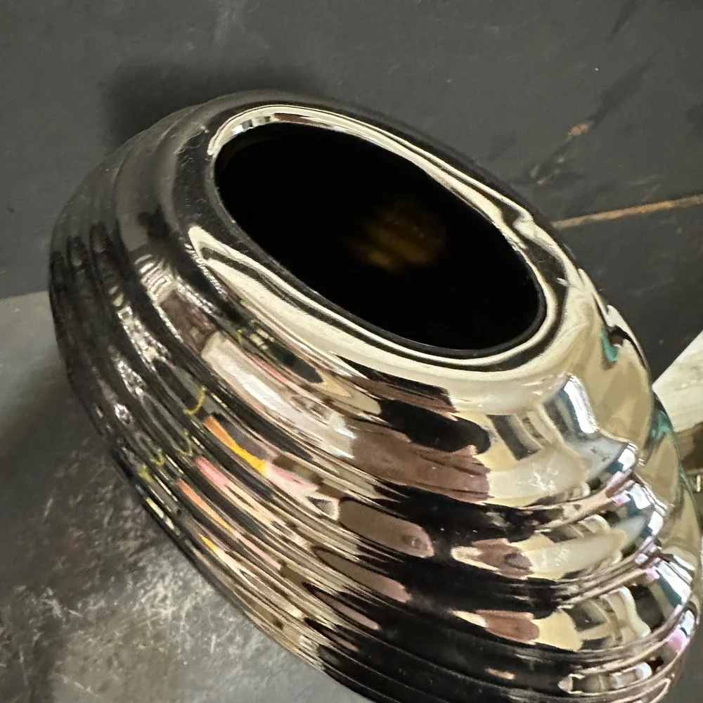 Sculptural Ribbed Ceramic Vase Chrome Silver Metallic Modernist Beehive 8.5in
